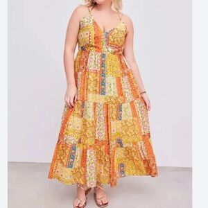 Cider 4XL  V-neck  Maxi Dress Curve Plus Orange Floral Boho Tiered